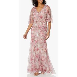 Adrianna Papell Womens Printed Beaded Mesh Long Gown Size 4